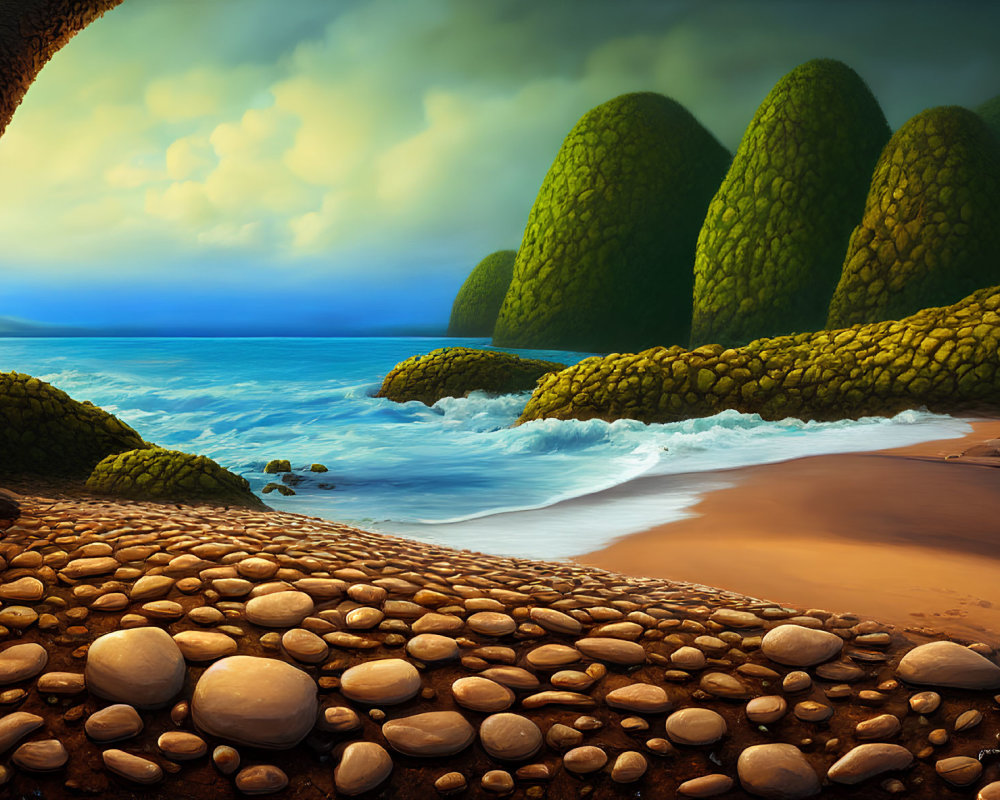 Tranquil beach scene with moss-covered rocks and smooth pebbles