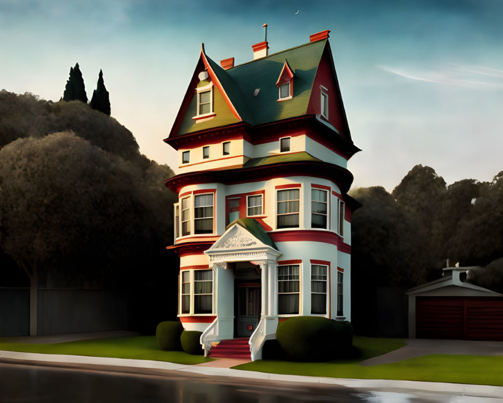 Victorian house with gabled roof under crescent moon