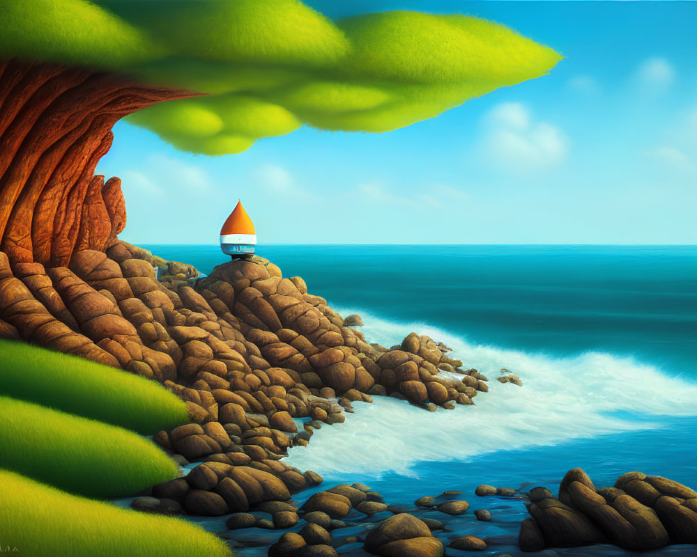 Vivid seaside illustration with lone boat, lush greenery, and blue ocean