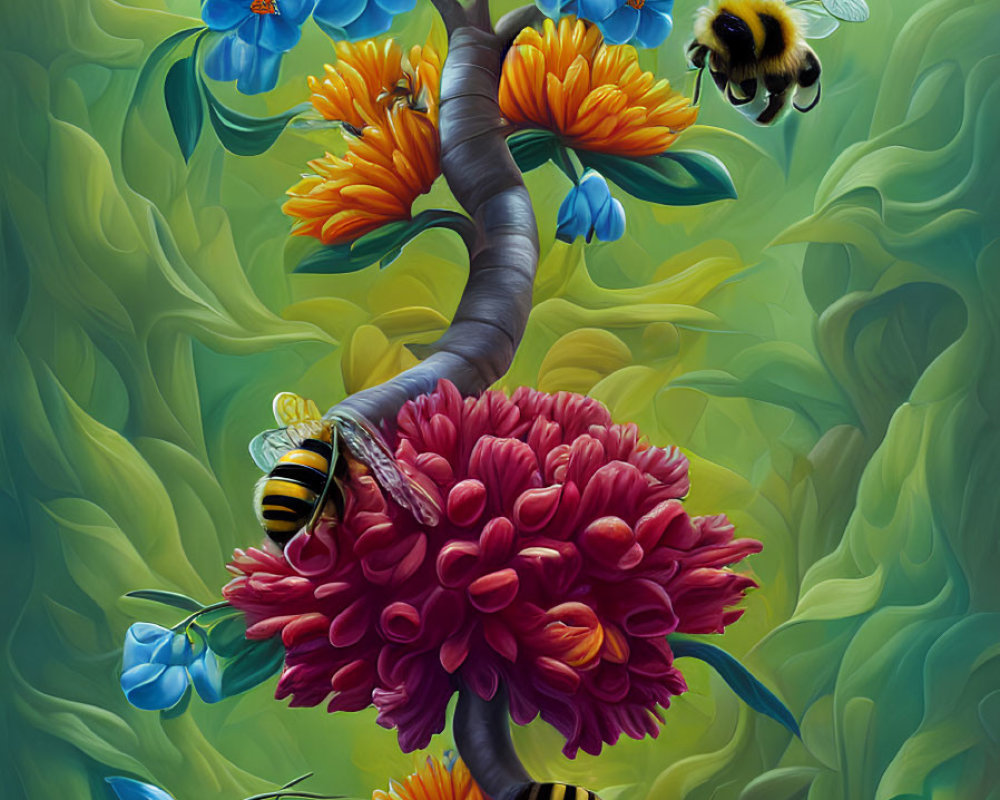 Colorful Tree Artwork with Flowers and Bumblebees