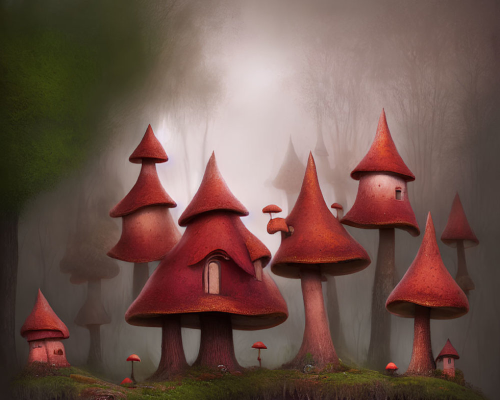 Misty forest hill with whimsical red-capped mushroom houses