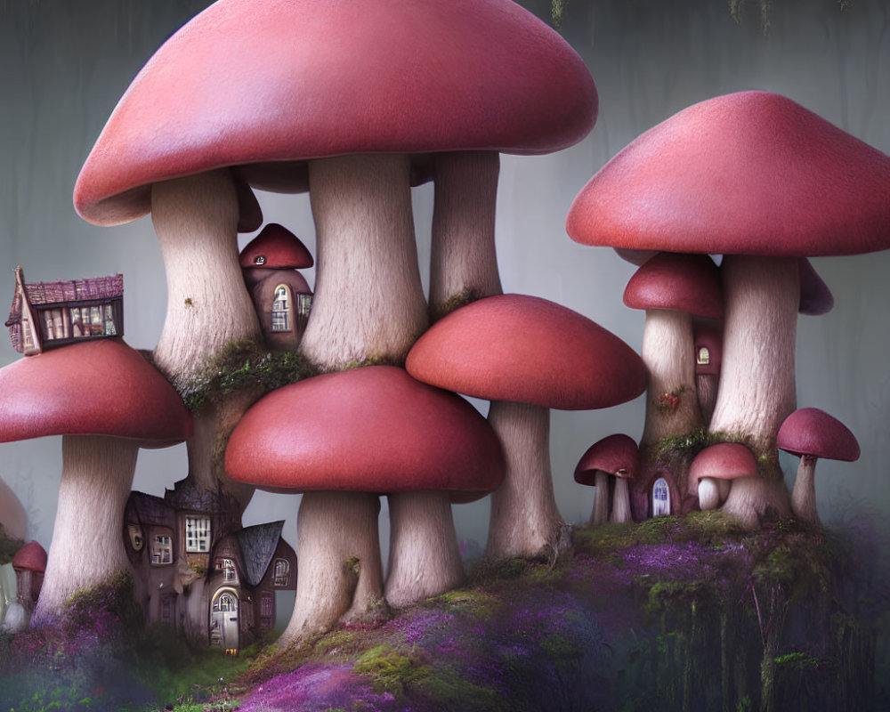 Fantasy illustration: Oversized mushrooms hold quaint cottages in misty forest