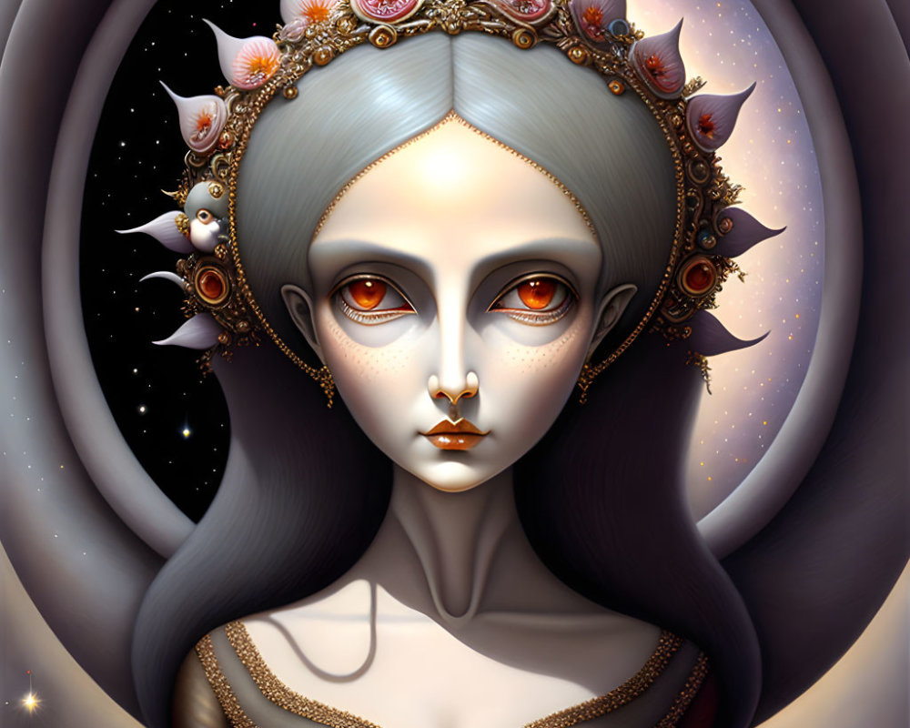 Portrait of a pale figure with cosmic headdress and red eyes