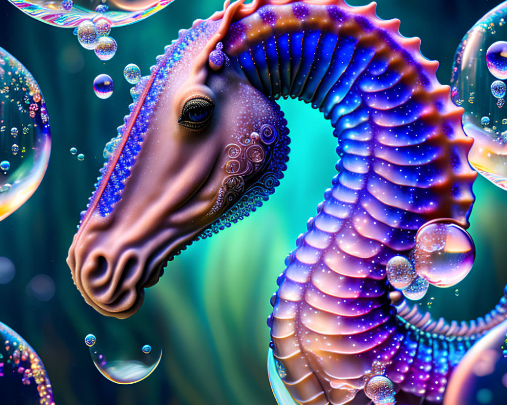 Colorful Seahorse Illustration with Bubbles and Patterns