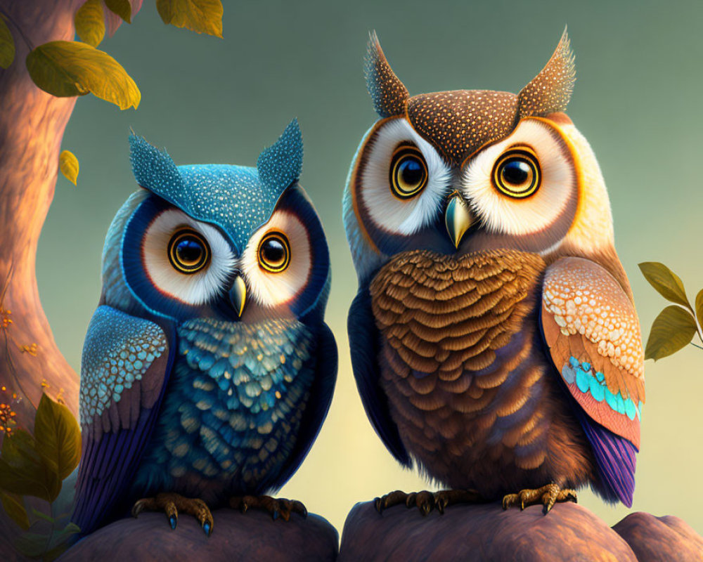 Stylized animated owls on branch with soft-focus background