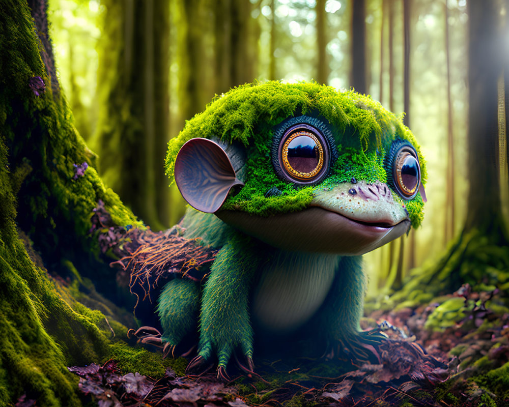 Green furry creature with big brown eyes in a mossy forest