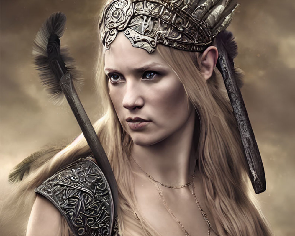 Warrior woman with blue eyes in feathered helmet and armor with spear in moody setting