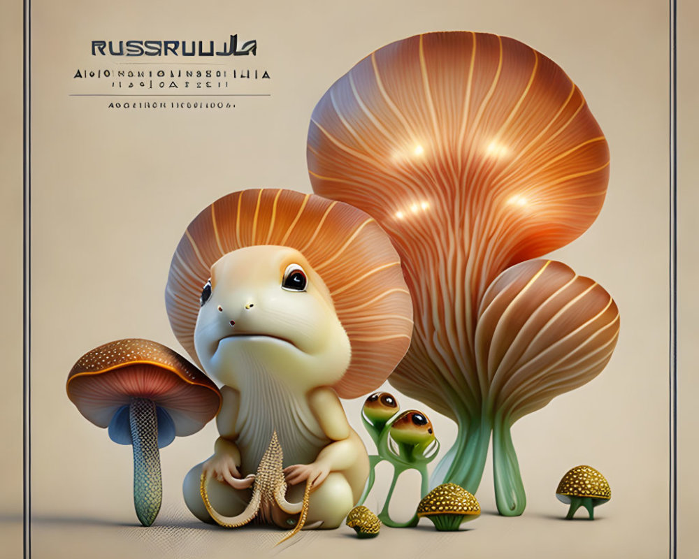 Whimsical illustration of stylized amphibians with mushroom textures under towering mushrooms