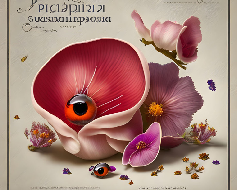 Surreal artwork featuring eye, flower, ladybug, and ornate script background