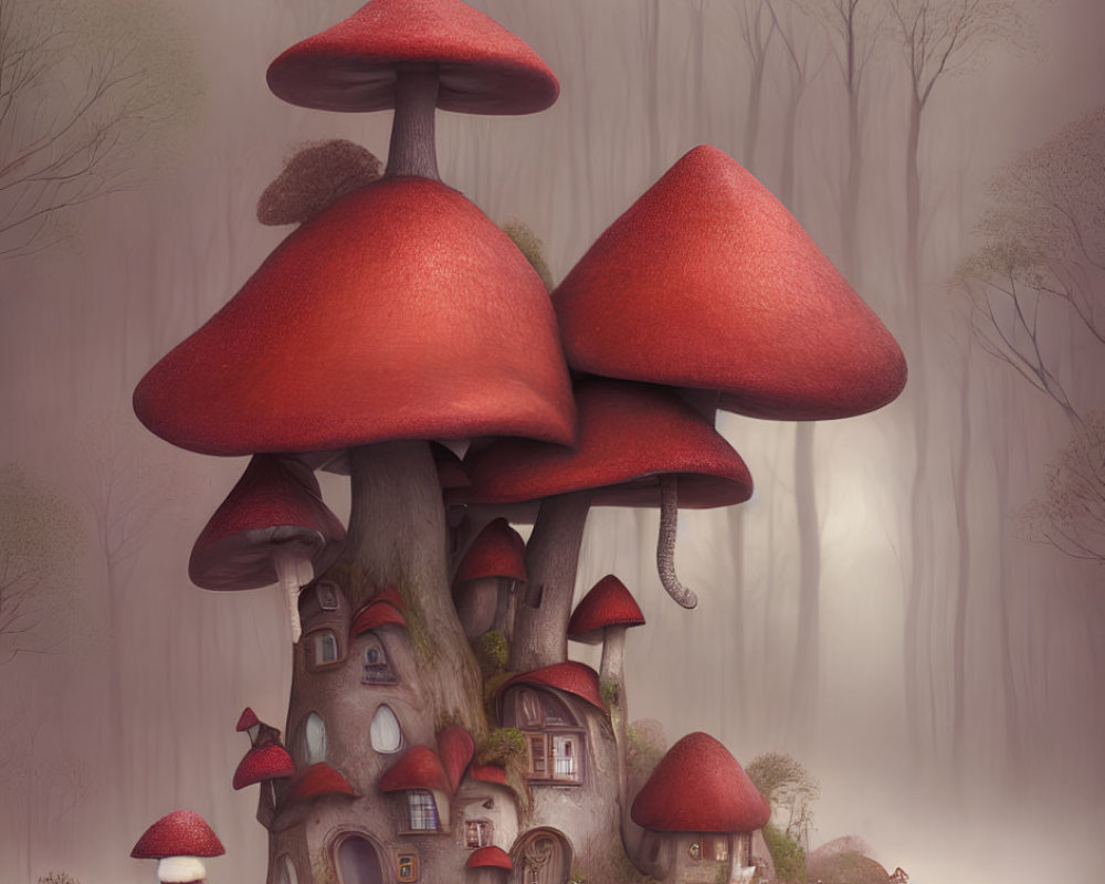 Whimsical mushroom house illustration in misty forest