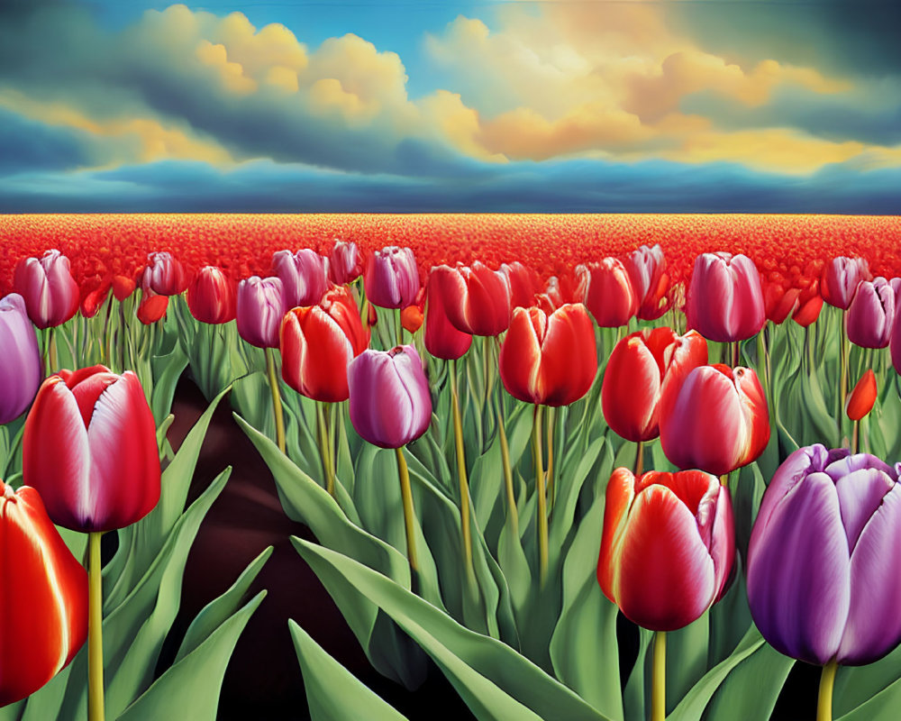 Colorful Field of Red and Purple Tulips under Dramatic Sky