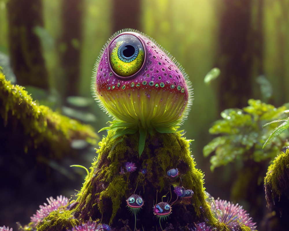 Whimsical creature with large eye on green stalk in mystical forest