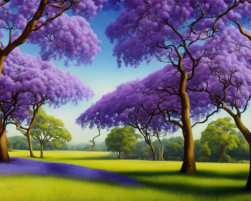 Scenic landscape with purple-leaved trees and green ground