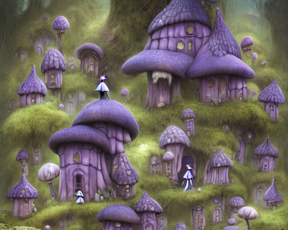 Mystical village with mushroom-shaped houses in enchanted forest