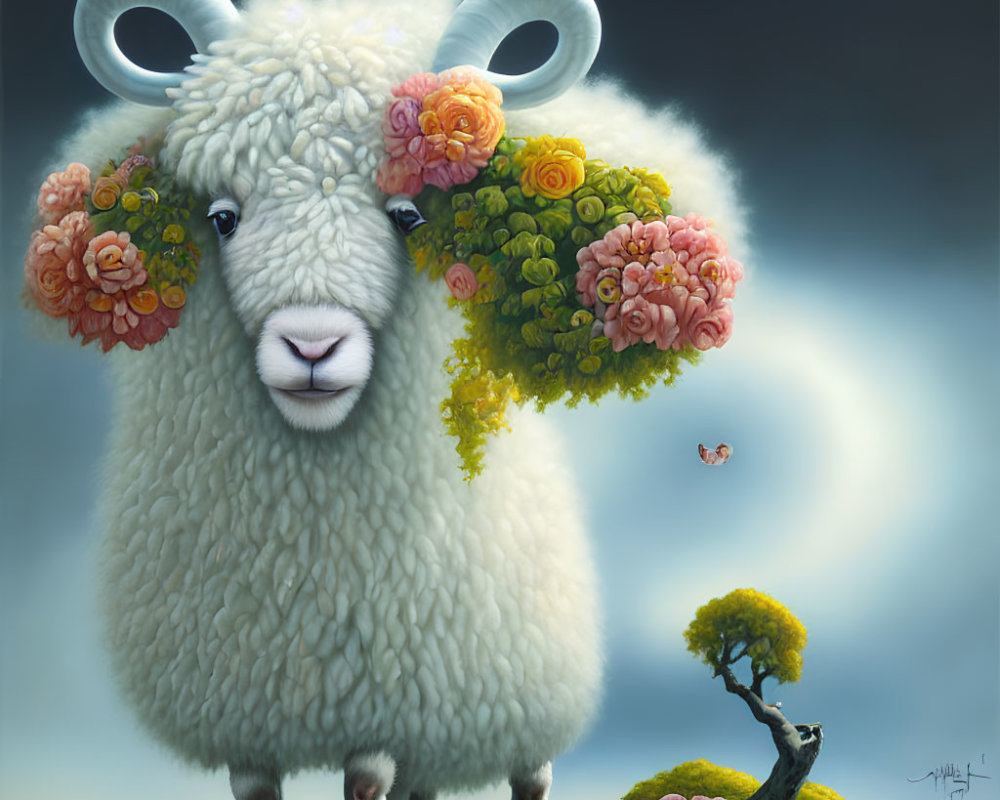 Fluffy white sheep with floral head under cloudy sky