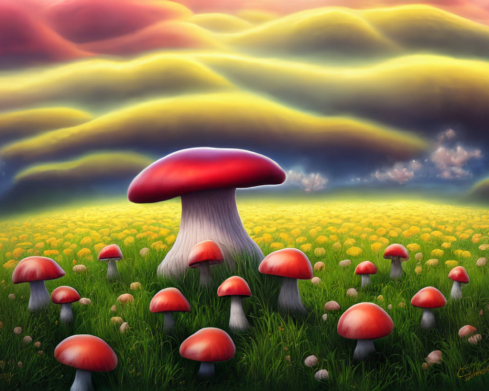 Colorful illustration: Oversized red mushrooms in green field under dramatic sunset sky