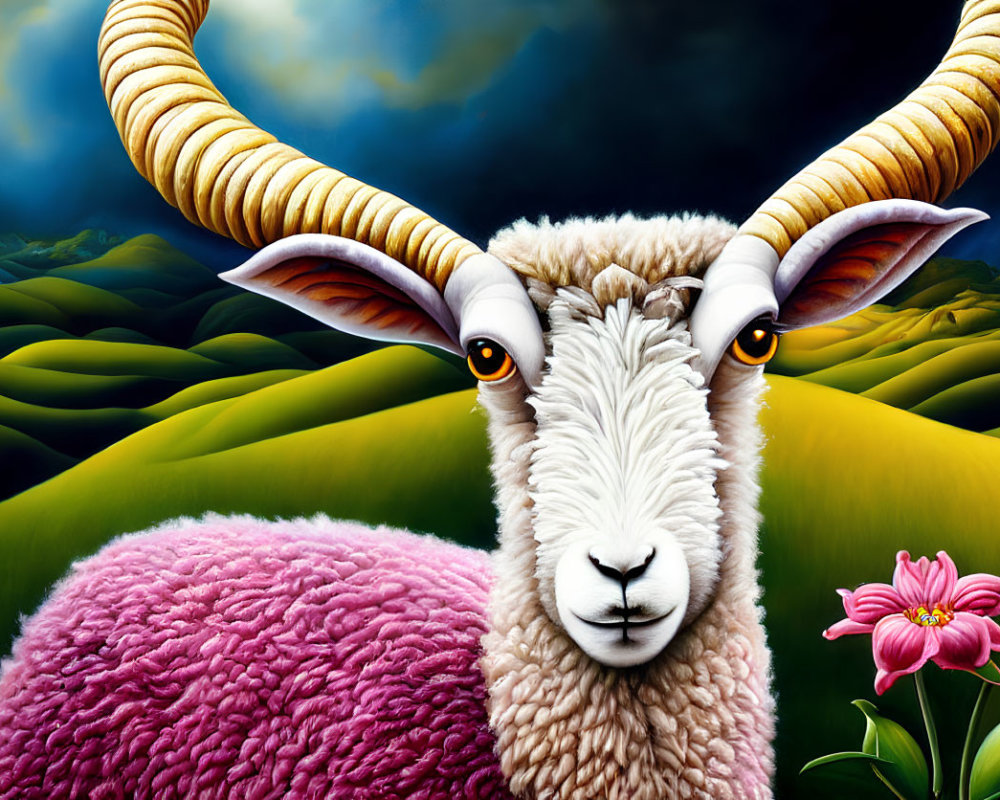 Whimsical sheep with long horns and pink wool on green hills