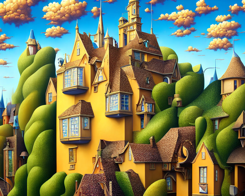 Whimsical yellow castle in green hills under blue sky