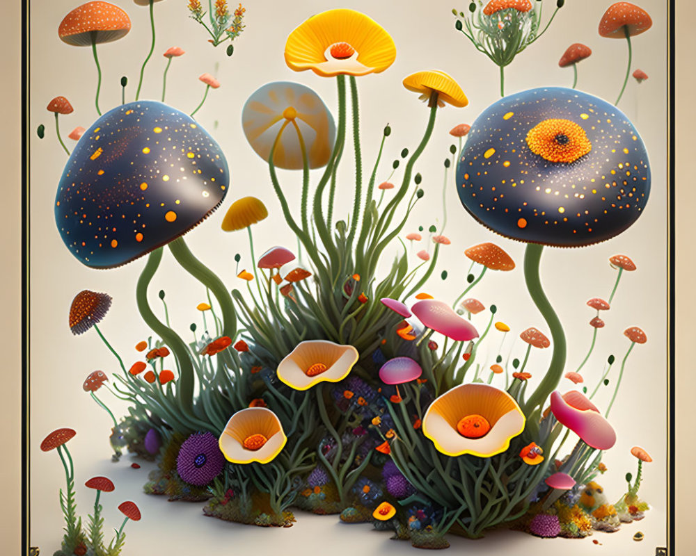 Colorful Surrealist Illustration: Oversized Mushrooms and Fantasy Flowers on Beige Background