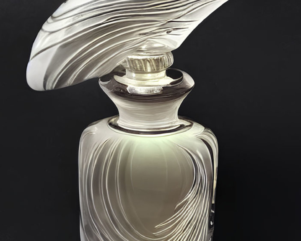 Transparent glass perfume bottle with elegant wavy design on dark background