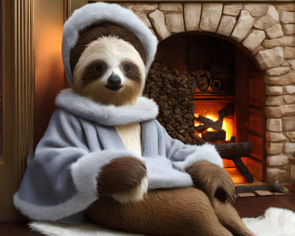 Sloth in Blue Robe Relaxing by Fireplace