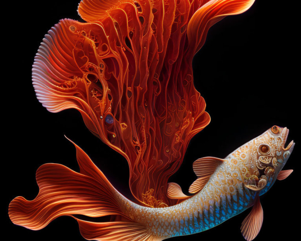 Lavish Goldfish Artwork with Fiery Tail on Black Background