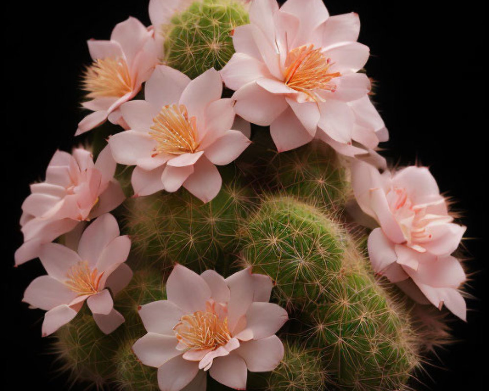 Pale Pink Blooming Cactus on Black Background with "MON VIRULY