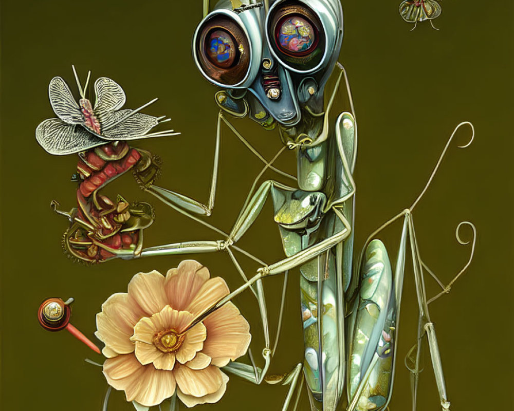 Detailed illustration of mechanical praying mantis, gears, cogs, flowers, robotic bee, and spider