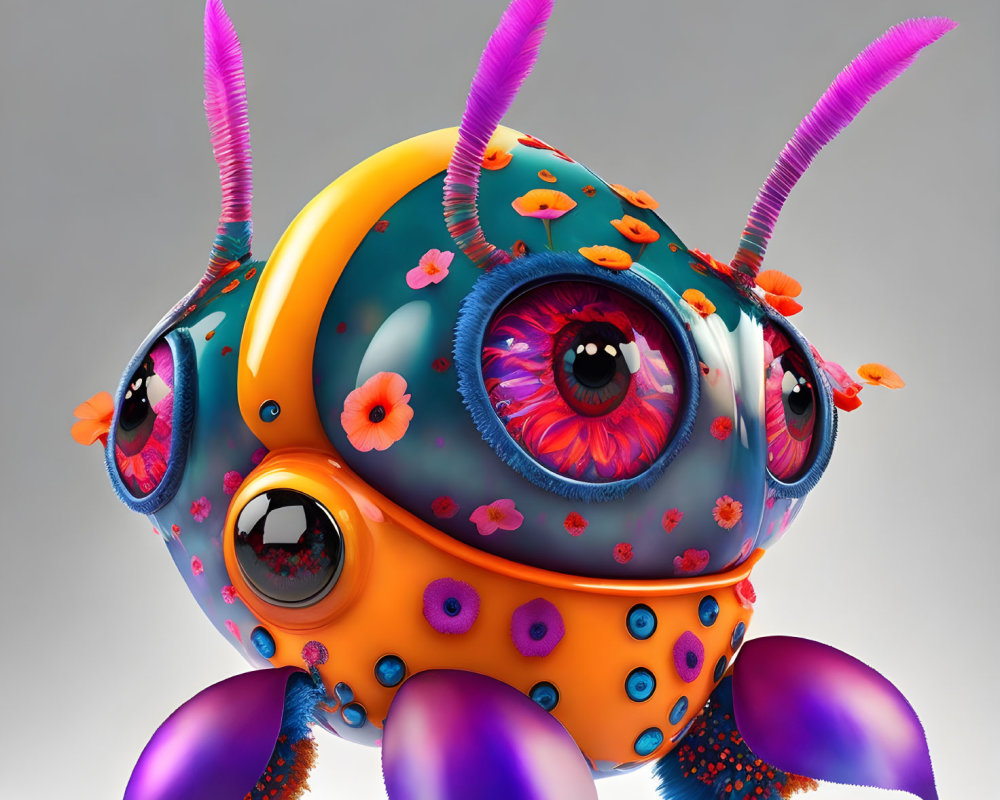 Vibrant creature with large eyes and horn-like antennae on plain background