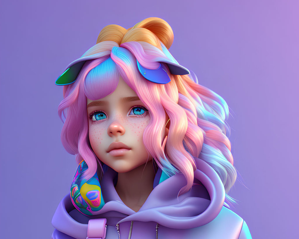 Colorful 3D illustration of a girl with pastel rainbow hair and freckles