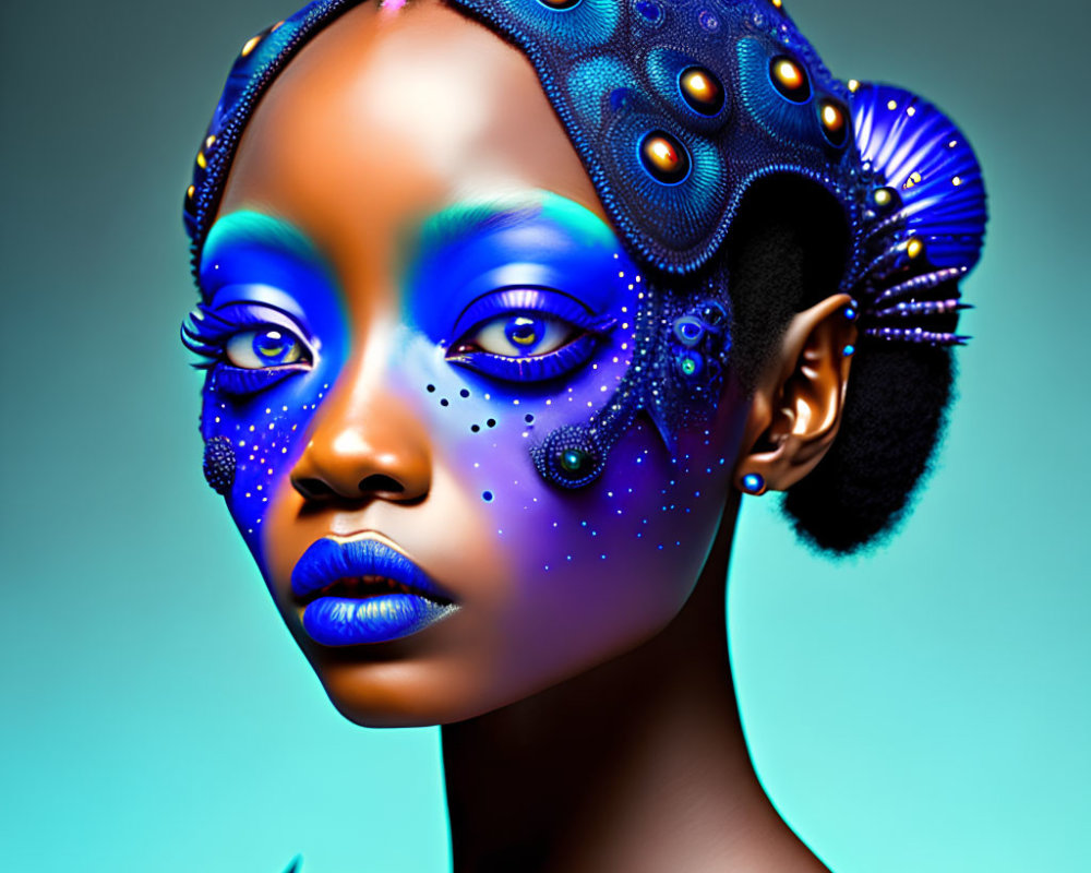 Blue-skinned woman with octopus-like patterns in digital art