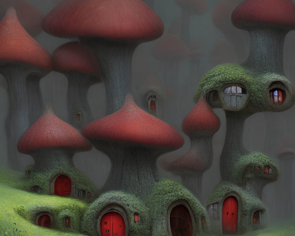 Fantastical mushroom houses in misty forest scene