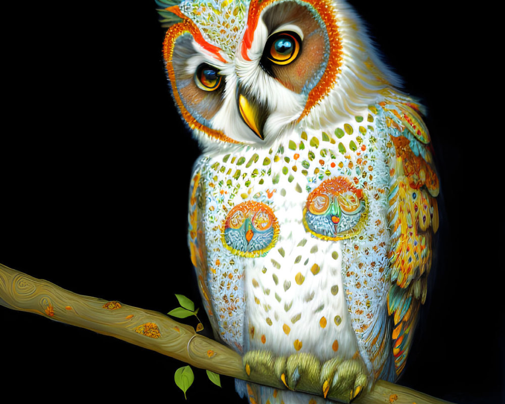 Colorful Patterned Owl Artwork on Branch Against Black Background