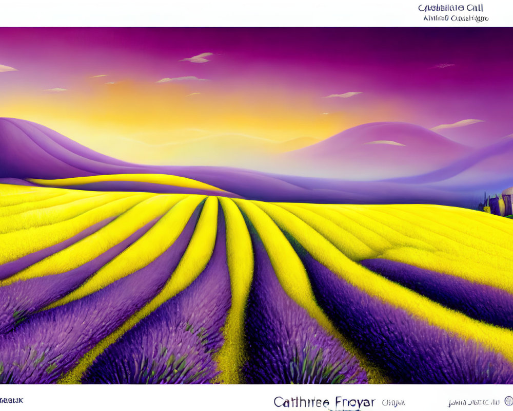 Lavender Fields Landscape Painting with Sunset Sky and Surreal Hills