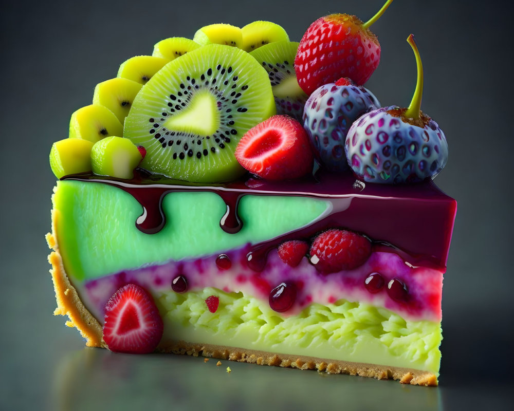 Colorful Fruit Cheesecake with Kiwi, Strawberries, Cherries, and Berry Sauce