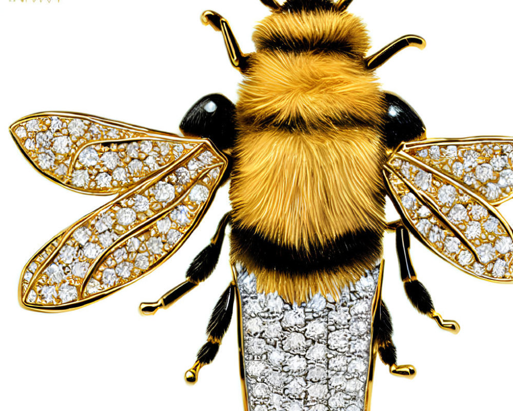 Golden bee with diamond-patterned wings on white background with crown logo.