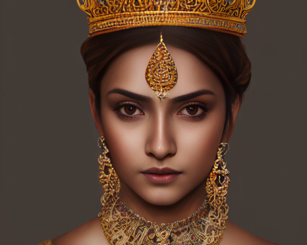 Intricate golden headdress and traditional attire on woman