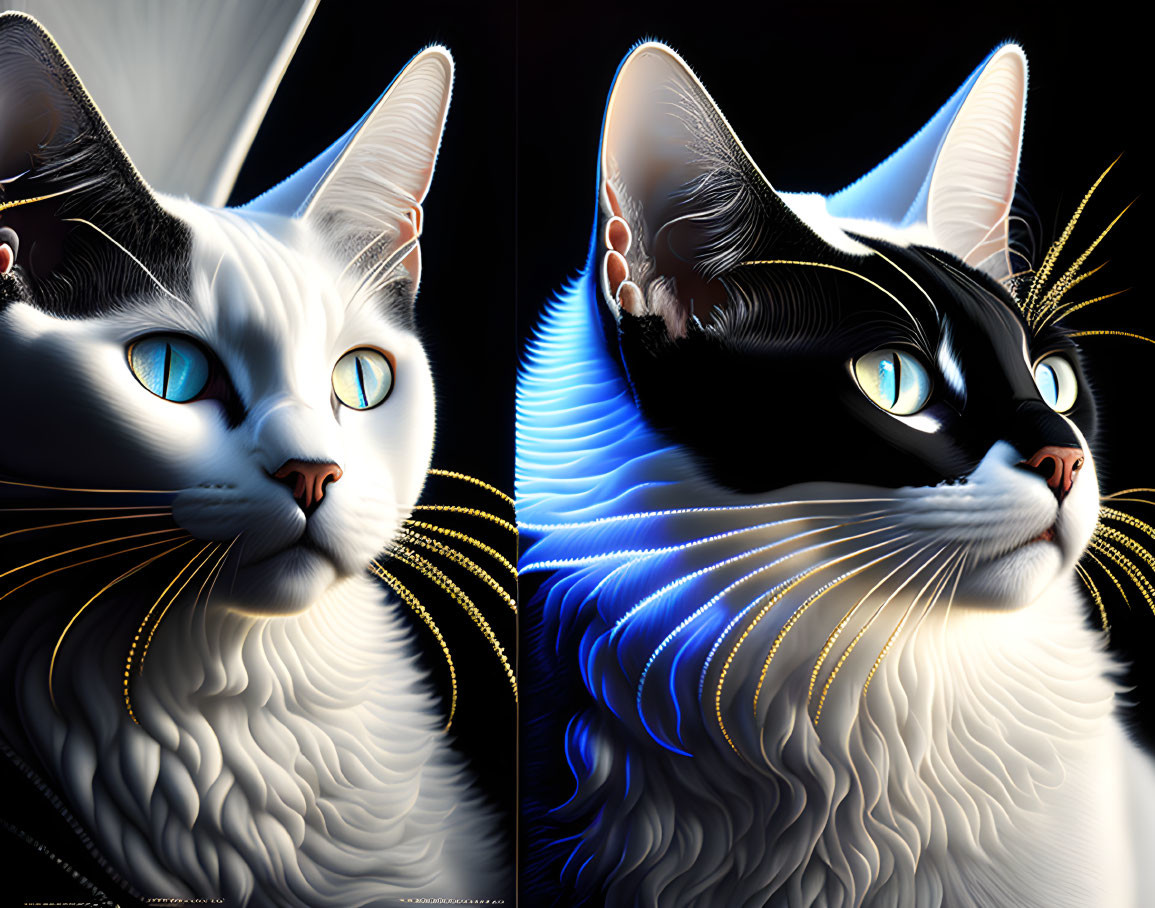 Stylized black and white fur cats in digital artwork