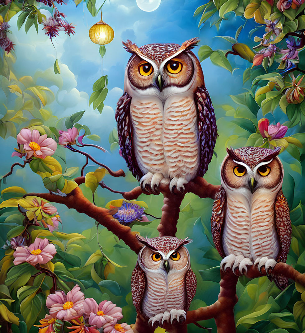 Three realistic owls on vibrant flowering branches in dreamy blue sky