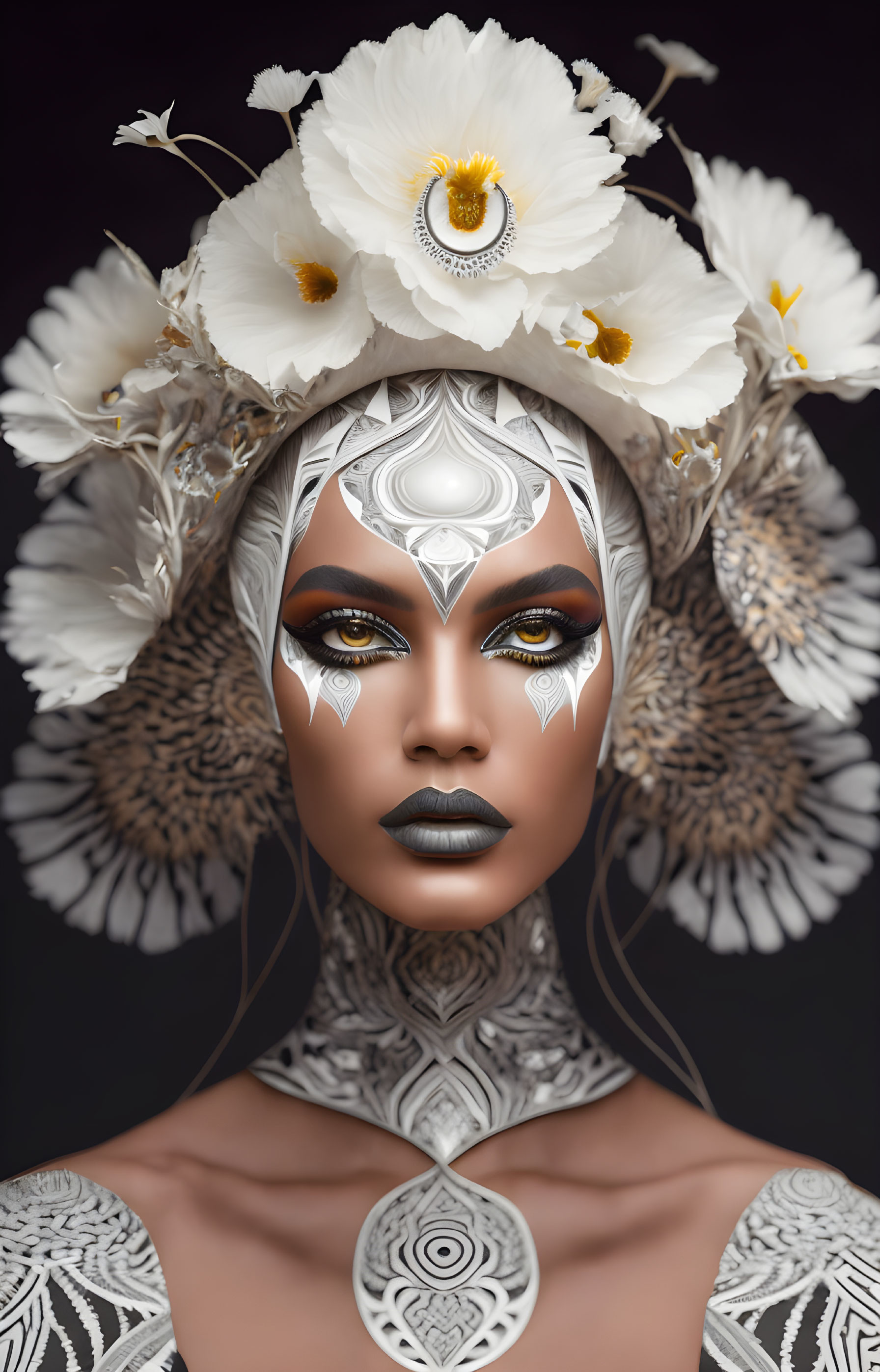 Portrait of woman with white and silver face paint and floral hair accessories