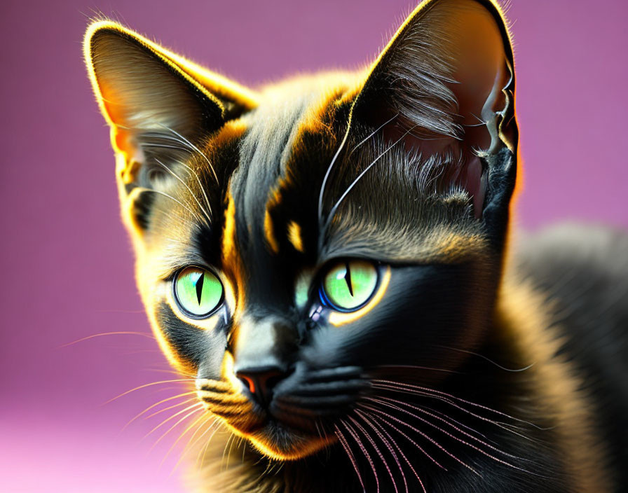 Black Cat with Green Eyes on Purple Background