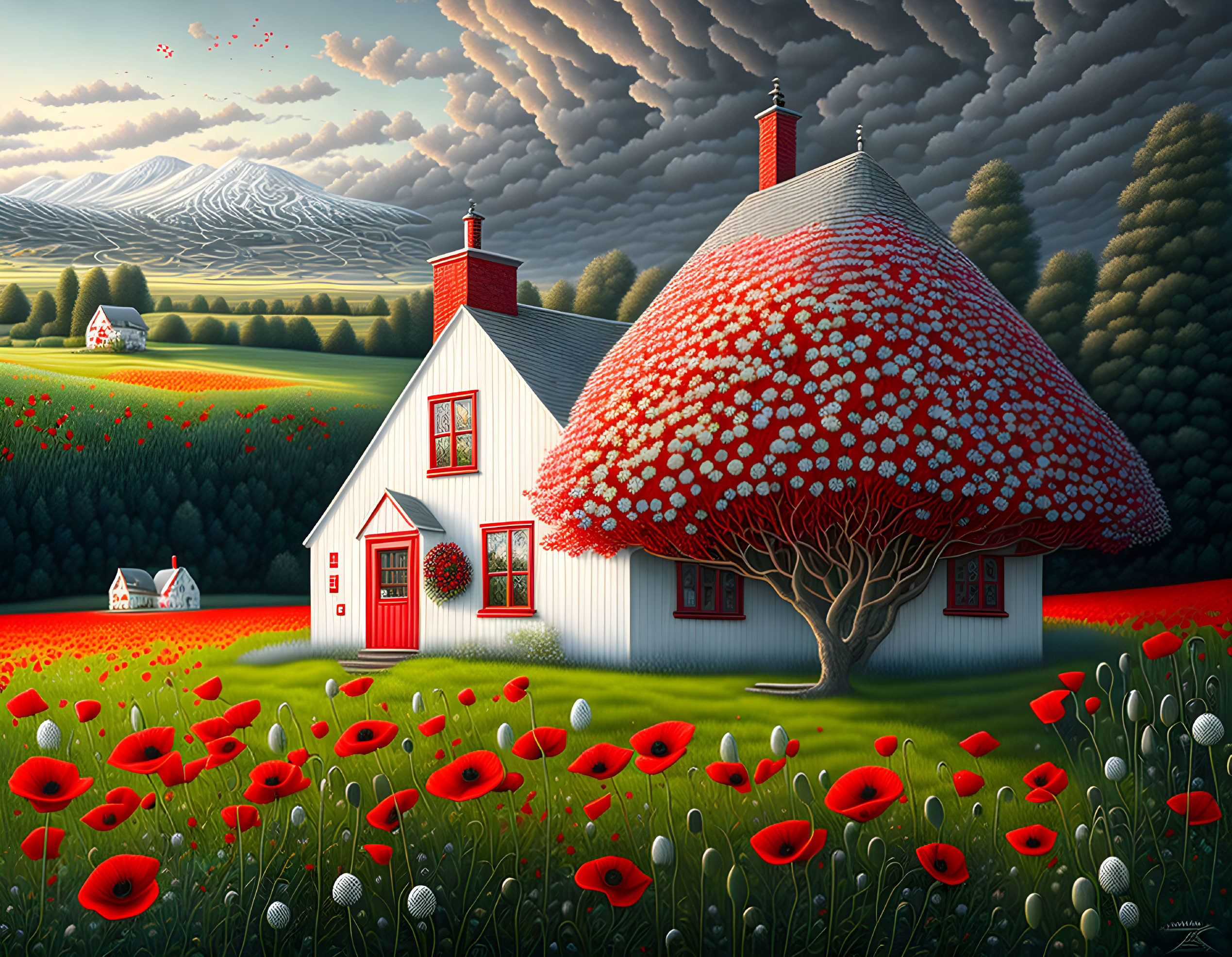 Whimsical landscape with red-capped mushroom house and poppy field