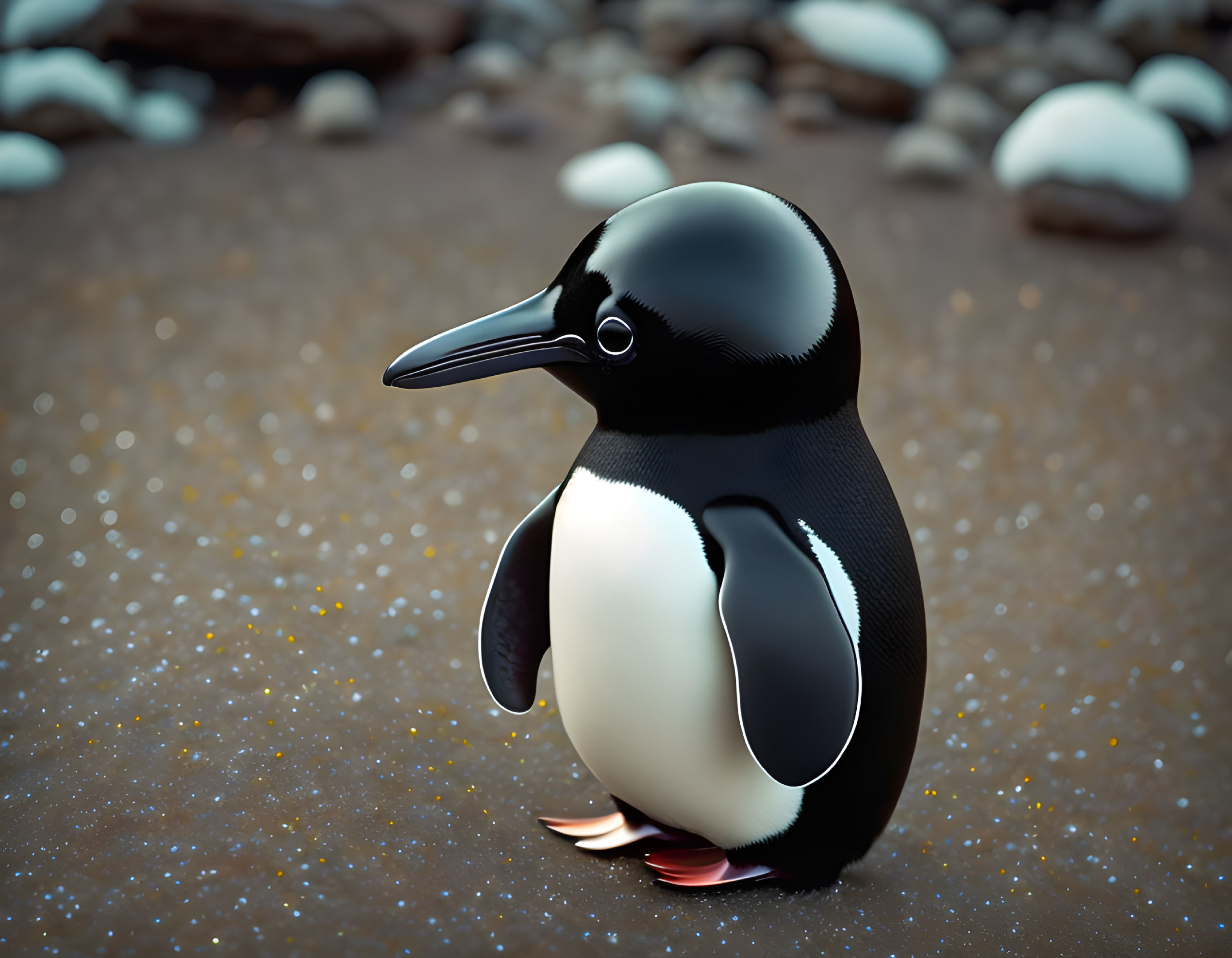 Stylized penguin digital illustration on glossy surface among sparkly pebbles