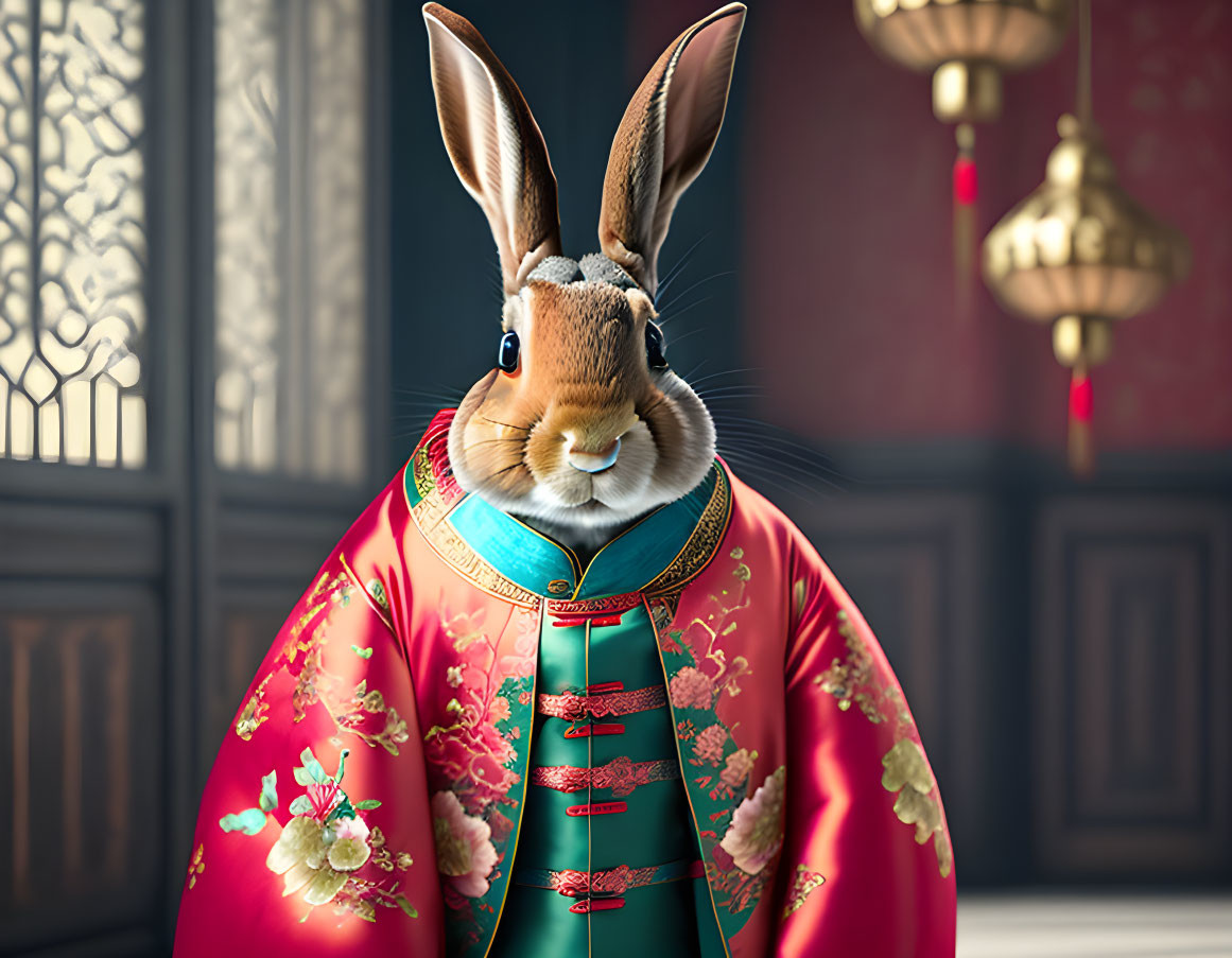 Digital artwork: Rabbit in Chinese attire in ornate room