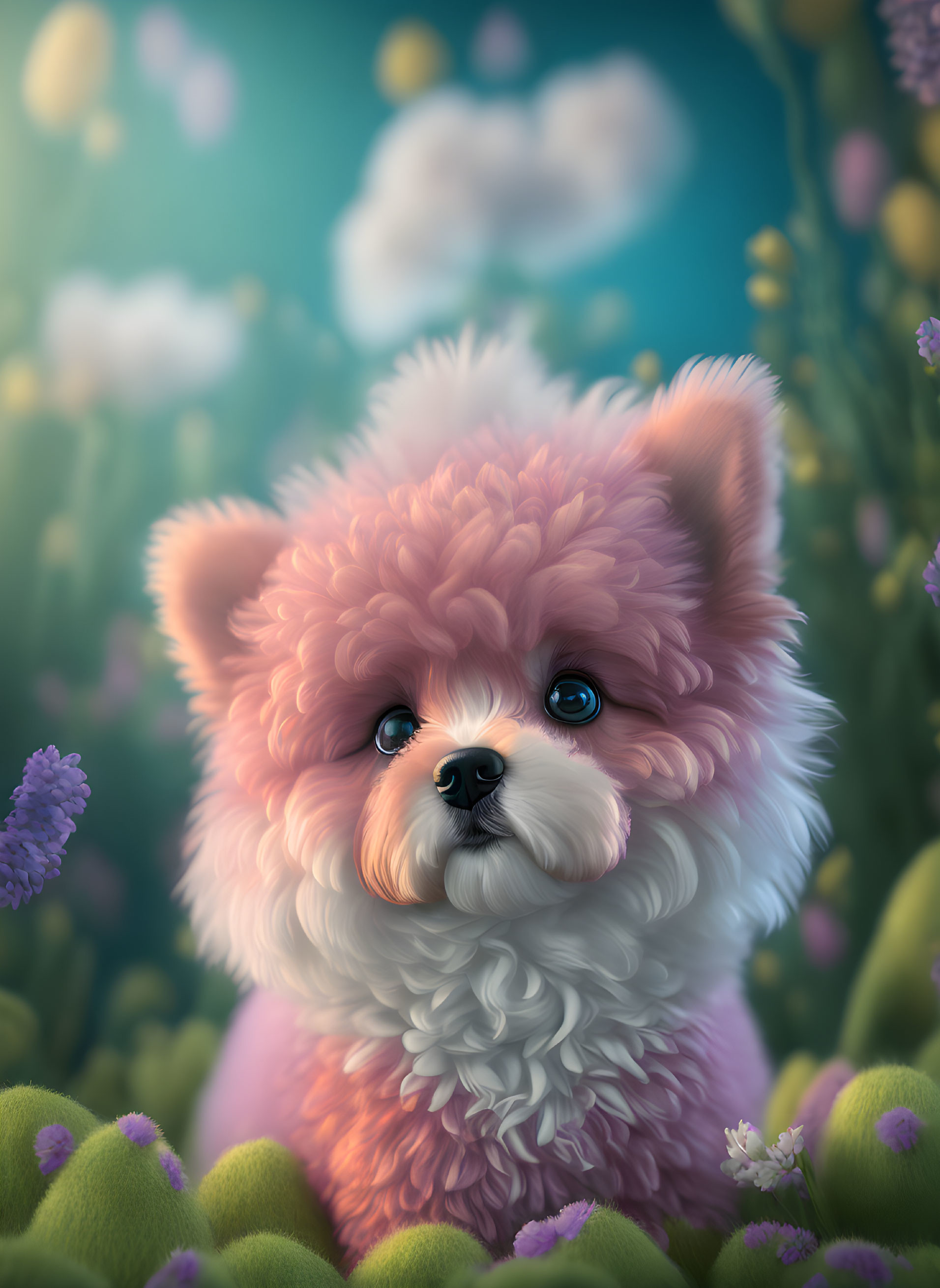 Fluffy Pink Dog Among Plants and Flowers Illustration