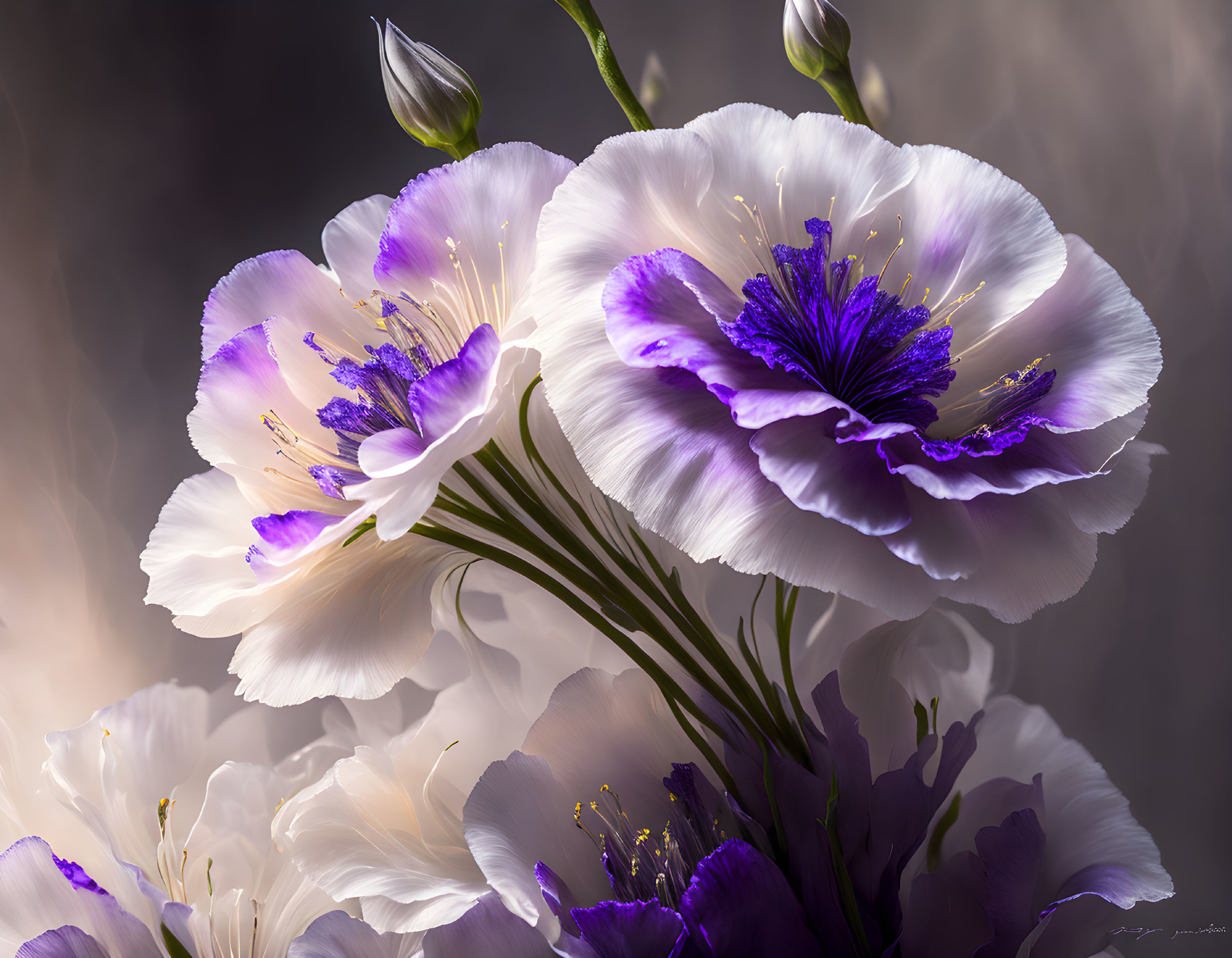 Detailed view of white and purple flowers with delicate petals and prominent stamens on soft background