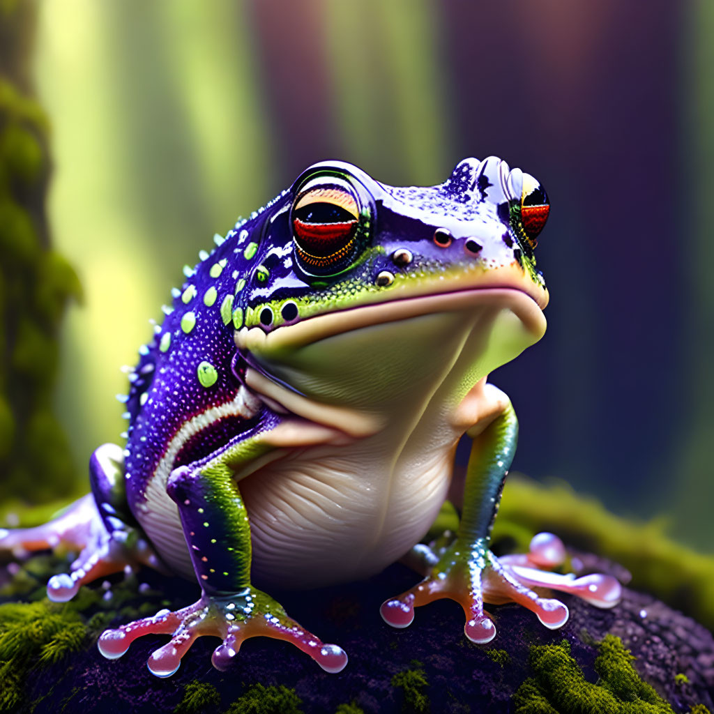 Colorful Frog with Purple and Green Hues on Mossy Surface