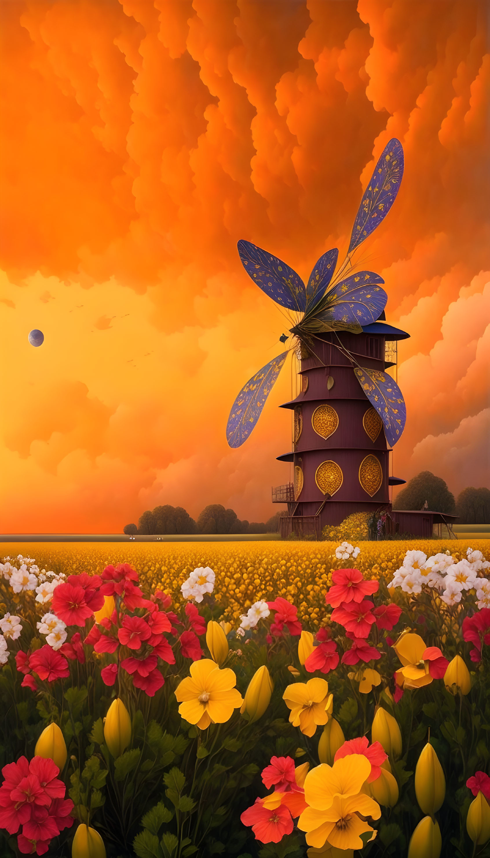 Colorful Whimsical Windmill with Butterfly Wings in Vibrant Landscape