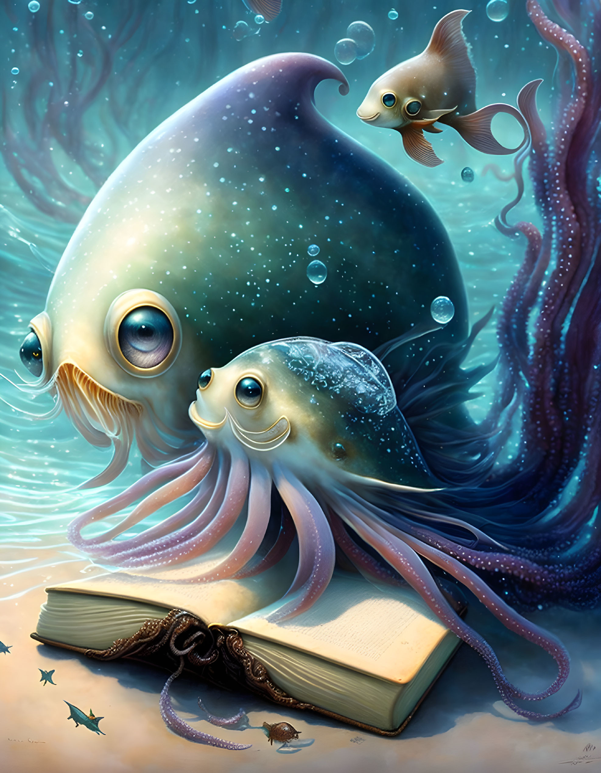 Illustration of two seal-like creatures with tentacles on an open book in underwater scene