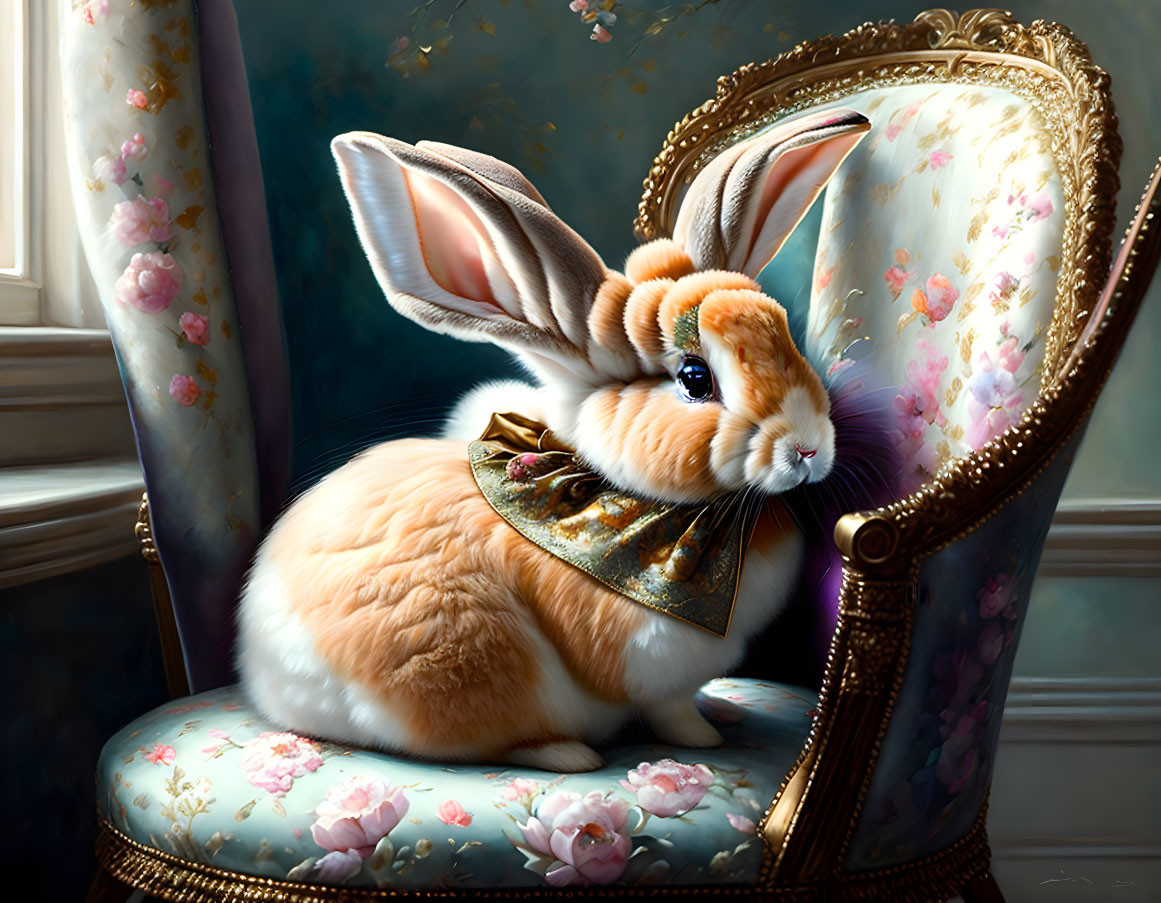 Anthropomorphic rabbit with expressive eyes on ornate floral chair